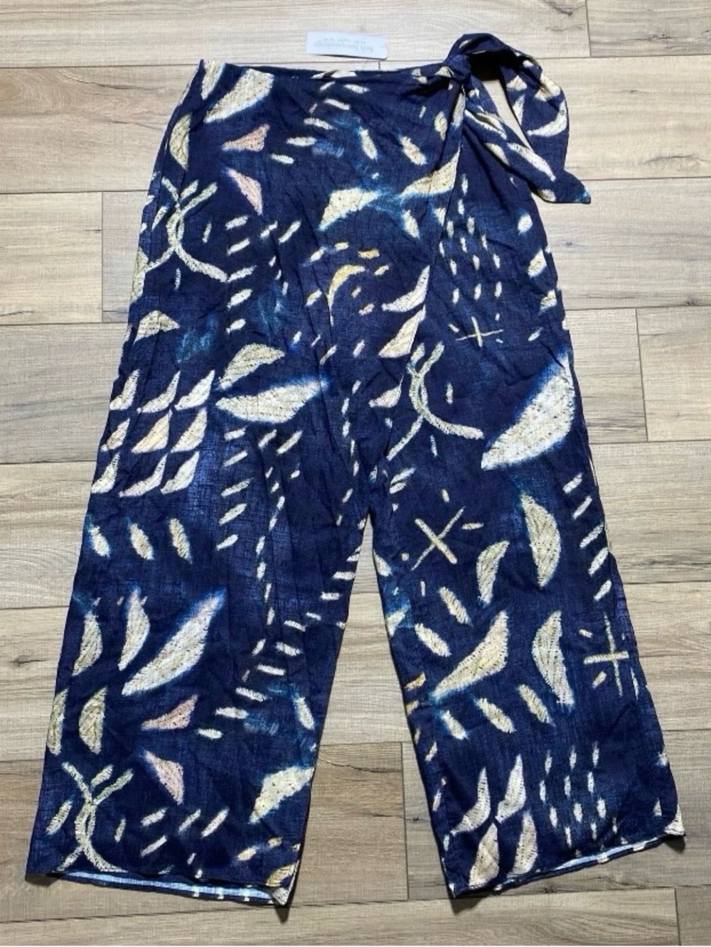 Soft Surroundings‎ Womens Printed Wide Leg Wrap Linen Blend Pants 10 Blue Tan